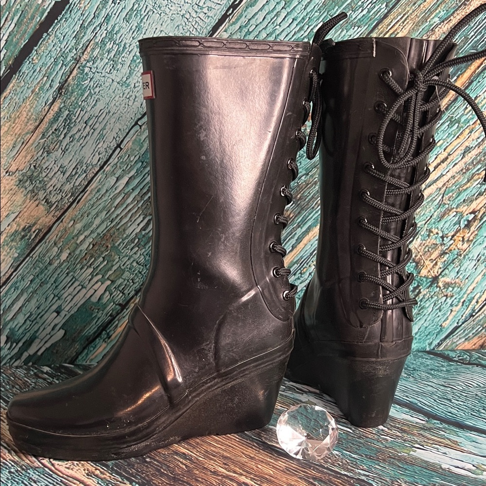 *🍁FALL/WINTER❄️Hunter Verbier Lace-Up Wedge Rain Boots in black
